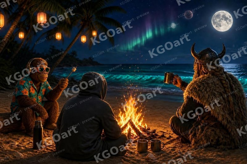 Tropical Scandinavian Bonfire – DJ Seldon and a Viking by a bonfire under the northern lights