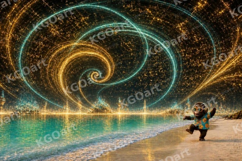 Radiant Shore – DJ Seldon dancing on a turquoise beach beneath a glowing golden spiral