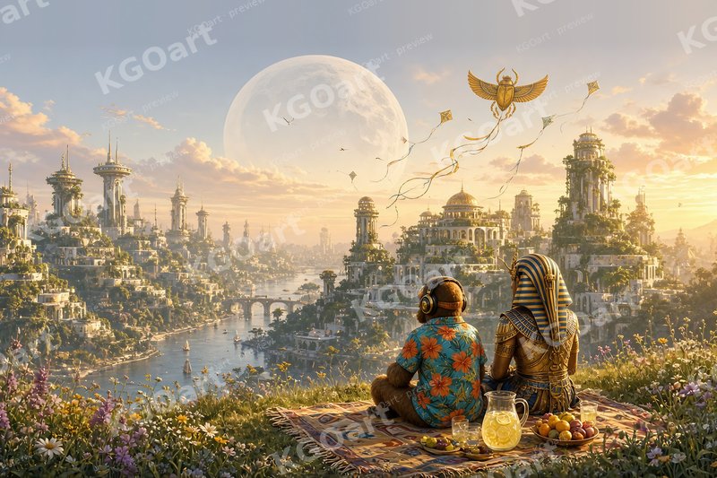 Golden Kite Picnic – DJ Seldon and an Egyptian pharaoh picnicking on a hilltop above a golden city, with a golden scarab kite