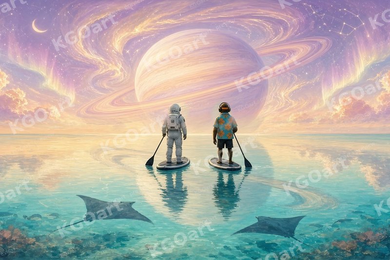 Dawn Paddle – DJ Seldon and an astronaut on paddleboards at dawn beneath a huge ringed planet, with manta rays below