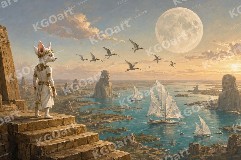 Prince of the Nile – Joshi, a white chihuahua king, on golden palace steps above a turquoise river with sailboats and a full moon