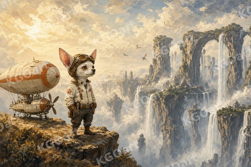Skyward Explorer – Joshi, a white chihuahua in aviator cap and goggles, beside his airship on a cliff facing floating arches and waterfalls