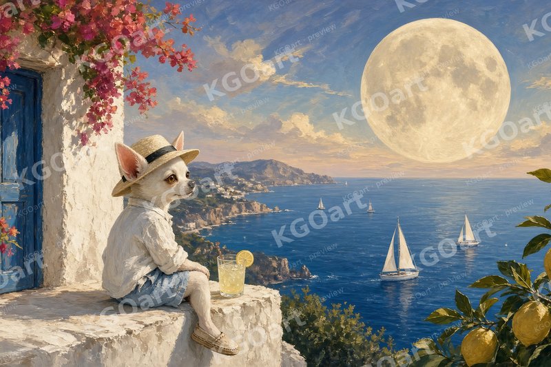 Lemonade Moon – Joshi, a white chihuahua in a panama hat, with a lemonade on a white terrace under a huge moon over a blue sea