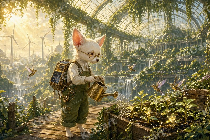 Greenhouse Dreams – Joshi, a white chihuahua inventor with a solar backpack, watering seedlings in a vast glass greenhouse