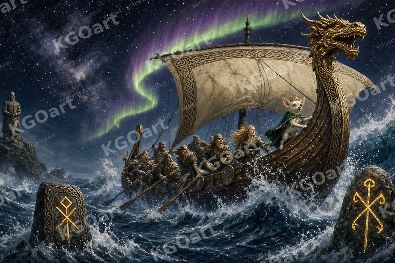 Joshi, King of the Northern Seas – a white chihuahua king in a gold crown and emerald cape at the dragon prow of a Viking longship under the northern lights