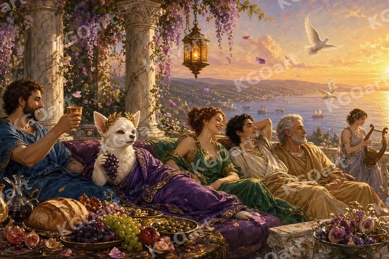 Joshi, Emperor of the Golden Banquet – a white chihuahua emperor in a purple toga and laurel wreath reclining with friends at a sunset banquet in a Roman villa