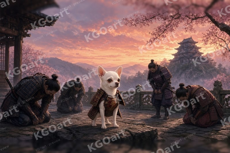 Joshi, Samurai Lord of the Cherry Castle – a white chihuahua in samurai armor on a castle terrace at sunset while his retainers bow among cherry blossoms