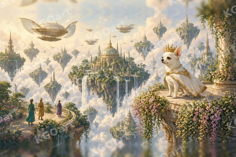 Joshi, King of the Floating City – a white chihuahua in a crown and white-and-gold cape on a flower-draped balcony above floating garden islands, waterfalls and airships