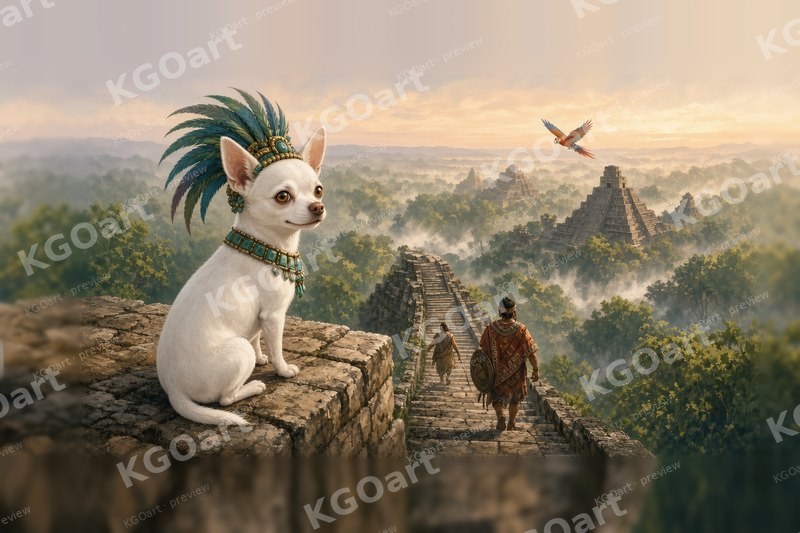 Joshi, King of the Jungle Pyramid – a white chihuahua in a quetzal feather headdress and jade collar on top of a Maya pyramid above a misty jungle at dawn