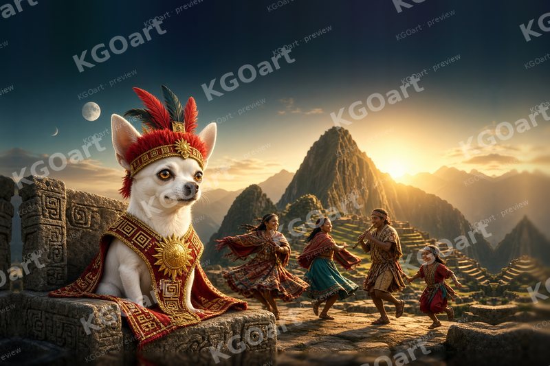 Joshi, King of the Sun Festival – a white chihuahua in a red feather headdress and gold sun breastplate on a stone throne as Inca dancers celebrate the sunrise at Machu Picchu