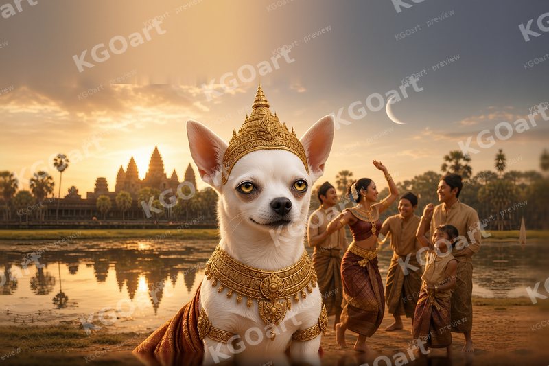 Joshi, King of Angkor – a white chihuahua in a golden Khmer crown and jeweled collar by the lotus pond as dancers celebrate the sunrise at Angkor Wat