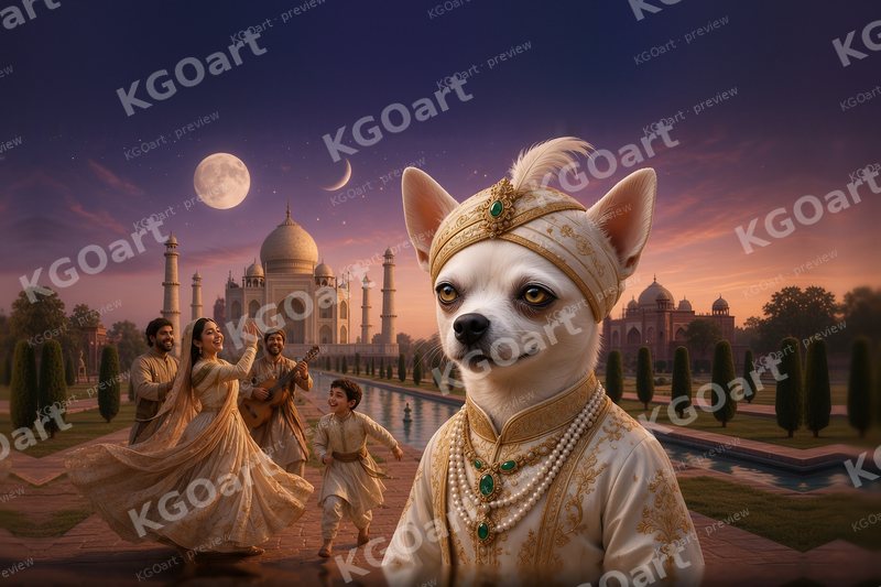 Joshi, Emperor of the Moonlit Garden – a white chihuahua in a jeweled turban, pearls and an ivory silk coat as dancers and a musician celebrate in the Taj Mahal garden under a full moon