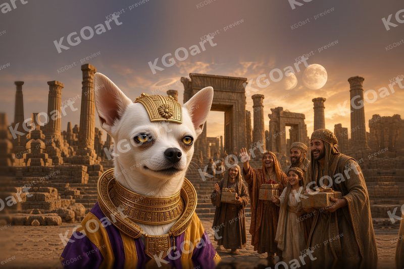 Joshi, King of Persepolis – a white chihuahua in a gold crown, broad gold collar and purple and saffron robes as smiling people bring gifts up the stairway of Persepolis at sunset