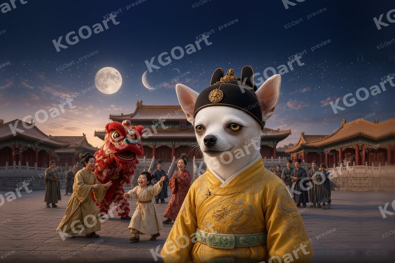 Joshi, Emperor of the Forbidden City – a white chihuahua in a golden dragon robe and black winged hat as a lion dancer and the court celebrate in the Forbidden City under a full moon