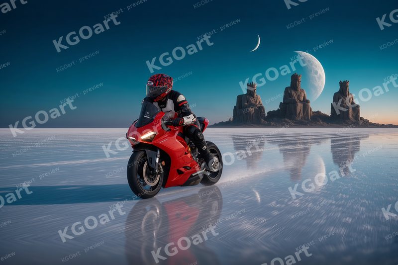 Mitchk on the Salt Flat Mirror – a rider in a red helmet on a red sport motorcycle crossing a mirror-like salt flat toward stone giants at dusk