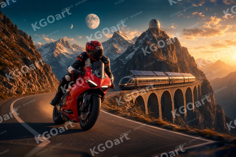 Mitchk on the Alpine Pass – a rider in a red helmet on a red sport motorcycle leaning through a curve on a mountain road at sunset, snowy peaks, a solar train crossing a stone viaduct and two moons in the sky