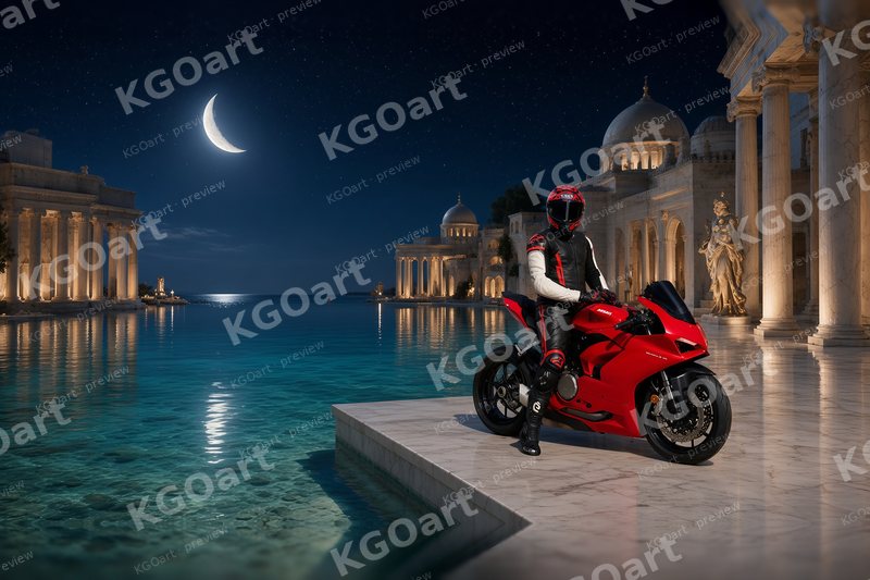 Mitchk at the Marble Pier – a rider in a red helmet and leathers standing beside a red sport motorcycle on a white marble pier at night, golden-lit domed palaces, a marble statue and a crescent moon over clear turquoise water