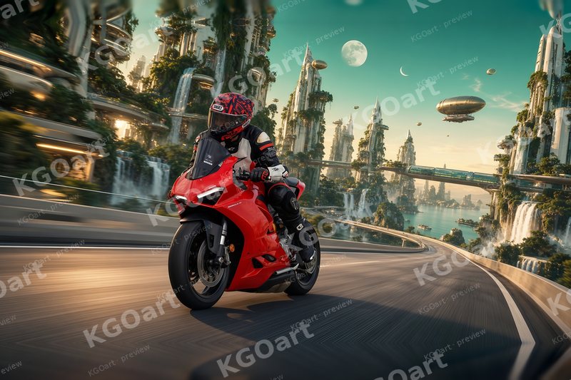 Mitchk on the Solarpunk Skyway – a rider in a red helmet leaning a red sport motorcycle into a curve on a highway through a green city of garden towers, waterfalls, a bridge, an airship and a pale moon