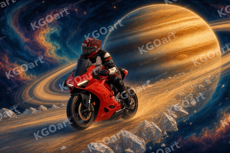 Mitchk Riding the Rings of Saturn – a rider in a red helmet and black, white and red leathers on a red sport motorcycle racing across a glittering icy planetary ring, a giant banded ringed planet and turquoise and gold nebulae behind
