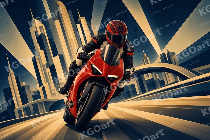 Mitchk Art Deco Metropolis – a rider in a red helmet and black leathers on a red sport motorcycle charging head-on down a sweeping golden highway, stepped art deco skyscrapers and searchlight beams in navy, cream and gold behind