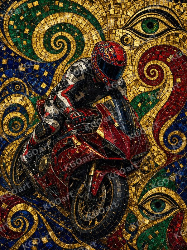 Mitchk Golden Mosaic – a rider in a red patterned helmet and black, white and red leathers on a red sport motorcycle, rendered as a gold and jewel-toned mosaic with emerald, sapphire and ruby spirals and mosaic eyes
