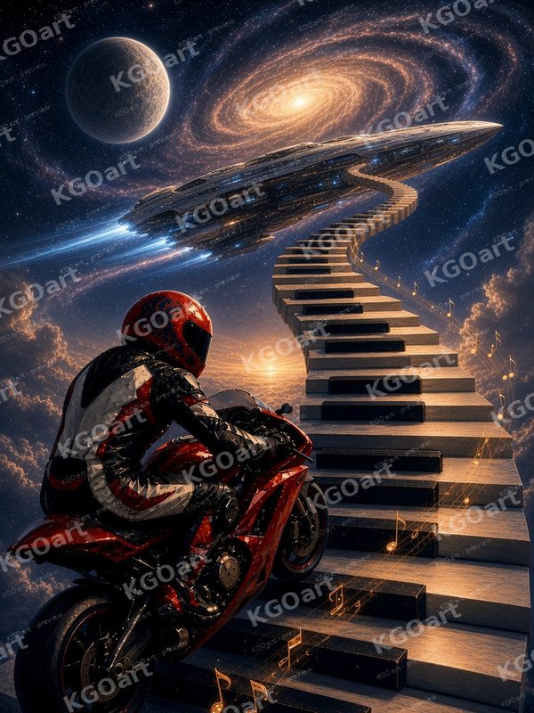 Mitchk Galaxy Sonata – a rider in a red helmet and black, white and red leathers riding a red sport motorcycle up a winding staircase of giant piano keys with golden music notes toward his waiting starship, beneath a vast golden-blue spiral galaxy and a pale moon