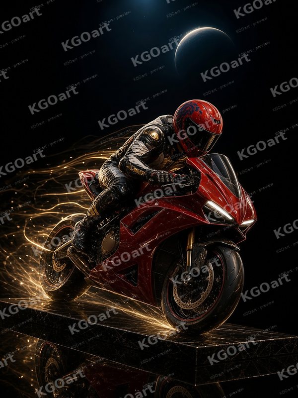 Mitchk Obsidian Velocity – a sculptural rider in a white marble and black obsidian suit veined with gold leaf and a glossy red helmet, leaning a red lacquered sport motorcycle into a turn on a black marble plinth, golden light streaks trailing behind, a hazy crescent planet in the deep black sky
