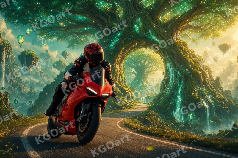 Mitchk Emerald Root Gate – a rider in a red patterned helmet with a dark visor and black leathers on a red sport motorcycle coming straight toward the viewer on a winding road, out of an arch of giant glowing tree roots, in a luminous enchanted forest with floating islands, waterfalls and glowing green lanterns