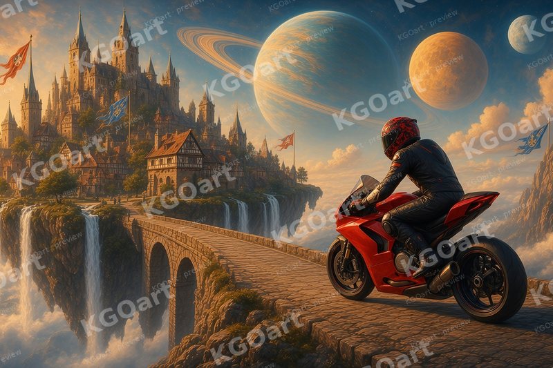 Mitchk Skyborne Citadel – a rider in a red patterned helmet and black leathers on a red sport motorcycle crossing a cobblestone bridge toward a medieval town with Gothic spires on a floating island with waterfalls, a ringed planet, an amber moon and a pale blue planet in the golden sky