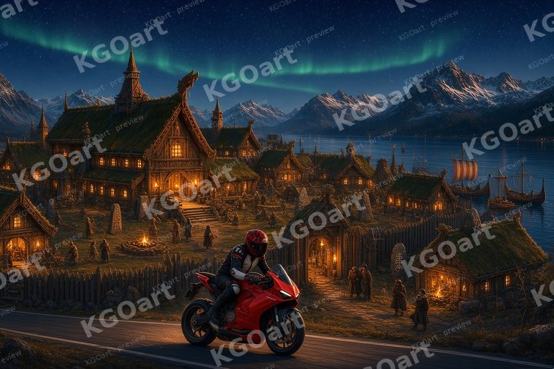 Mitchk Northern Hearth – a rider in a red patterned helmet with a dark visor and black leathers on a red sport motorcycle on a night road past a glowing Viking village with a carved great hall, a bonfire, rune stones, a wooden palisade and longships in the harbour, snowy mountains and a single green aurora in the starry sky