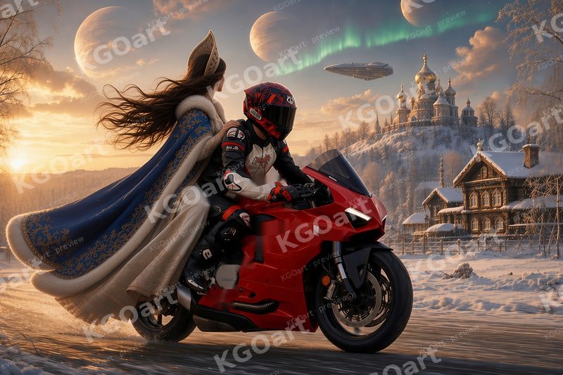 Mitchk Winter Tsarina – a rider in a red helmet with a dark-blue pattern and dark visor, black, white and red leathers on a red sport motorcycle through a snowy Russian village at golden hour, a tsarina in a pearl kokoshnik crown, blue-and-gold fur-trimmed cloak and ivory gown seated behind him with long dark hair flowing, an onion-domed church on a hill, wooden izba houses, birch trees, soft hazy planets, a single green aurora line and a starship in the sky