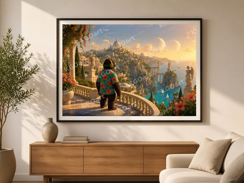 Preview mockup: Mediterranean Dream framed on a living-room wall above an oak sideboard